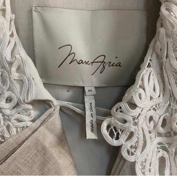 BCBGMAXAZRIA Cotton Linen Trench Coat Lace Collar Size M Beige Coquette - Picture 5 of 5